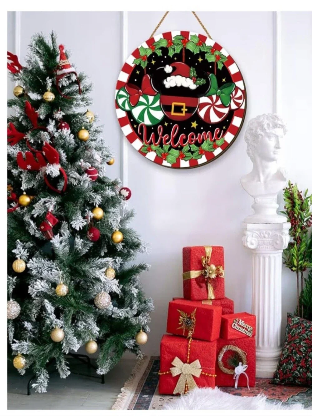 Holiday Mickey Welcome Wooden Decor - Red, Green, Black. NWT.